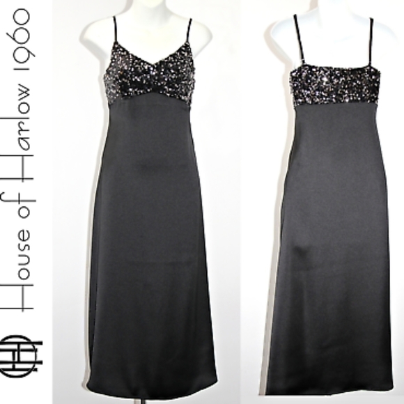 NWT House of Harlow 1960 Sequined Black Satin Slip Dress - Picture 2 of 8